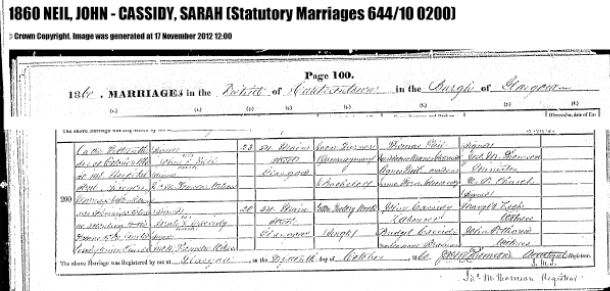 Source document N002. Statutory marriage registration of John Neil who married Sarah Cassidy 15 October 1860 at 148 Hospital Street, Glasgow (United Presbyterian Church) in the District of Hutchesontown, Burgh of Glasgow. 644/10 0200.