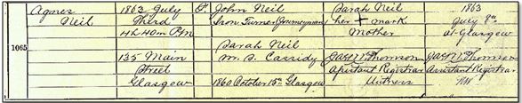 See Source_N005 for birth registration of Agnes Neil born 3 Jul 1863 at 135 Main Street, Glasgow and registered on 8th July 1863 in the District of Hutchesontown in the Burgh of Glasgow. 