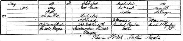 See Source_N006 for birth registration of Mary Neil born 5 May 1871 at 137 Main Street, Gorbals Glasgow and registered 16th May 1871 in the District of Hutchesontown in the Burgh of Glasgow. 644/10 0975