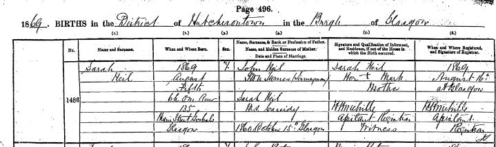See Source_N014 for birth registration of Sarah Neil born 5 August 1869 at 135 Main Street, Gorbals Glasgow and registered 16th August 1869 in the District of Hutchesontown in the Burgh of Glasgow. 644/10 1486