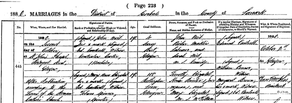Source_N034.downloaded image from &ldquo;Scotland's People &rdquo; web site of entry in the statutory marriage registers for John Neil and Mary Anne Chrystal m. 2 October 1880 in the District of Gorbals in the County of Lanarkshire. 644/12 0445. Entry 445