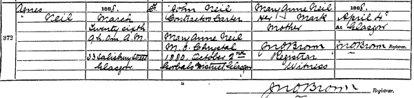 Source_ N044. downloaded image of birth registration of Agnes Neil born 26 Mar 1888 at 33 Salisbury Street, Glasgow. Births in the District of Gorbals in the County of Lanark 644/12 0372