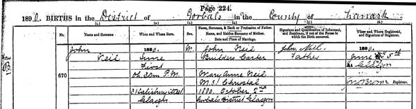 Source_ N045. downloaded image of birth registration of John Neil born 1 Jun 1990 at 31 Salisbury Street, Glasgow. Births in the District of Gorbals in the County of Lanark 644/12 0670