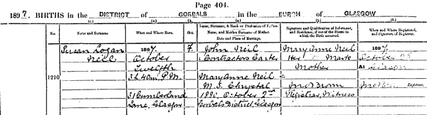 Source_ N049. downloaded image of birth registration of Susan Logan Neil born 12 October 1897 at 31 Cumberland Lane, Glasgow. Births in the District of Gorbals in the Burgh of Glasgow 644/12 1210