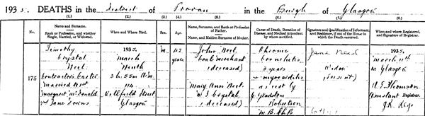 Source_N057. downloaded image of death registration of Timothy Chrystal Neil 9th March 1935 at 114 Wellfield Street, Glasgow. Registered in the Parish of Provan in the Borough of Glasgow 644/04 0175.