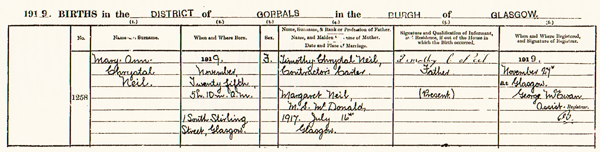 Source_ N083. Extract of an entry from the Register of Births in the District of Gorbals in the Burgh of Glasgow. 1918 page 1258 Birth of Mary Ann Chrystal Neil on 25th November 1919