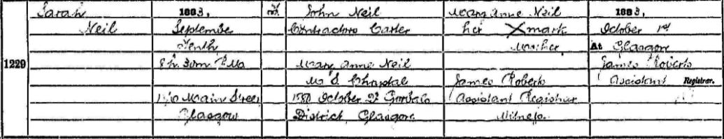 source_N172.jpg. Downloaded image of statutory registration of Sarah Neil 1883