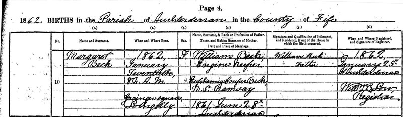 Birth Registration of Margaret Beck