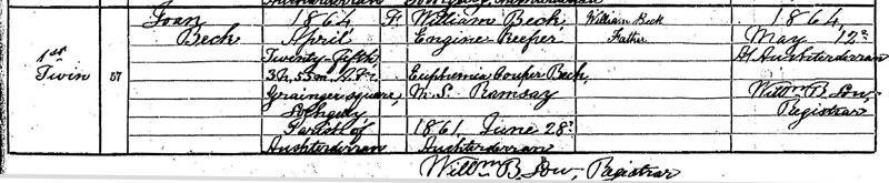 Birth Registration of Joan Beck (1st twin)