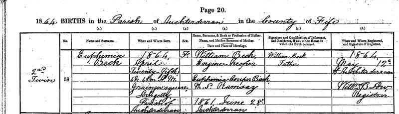 Birth Registration of Euphemia Beck (2nd twin)