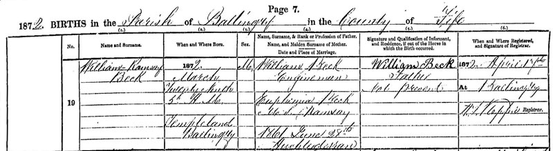 Birth Registration of William Ramsay Beck