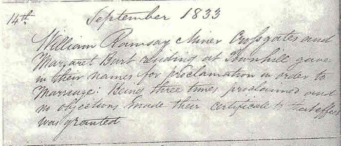 Marriage of William Ramsay and Margaret Burt 14 September 1833