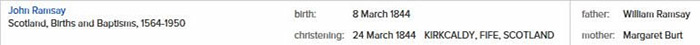 Birth of John Ramsay 24 March 1844 in Kirkaldy