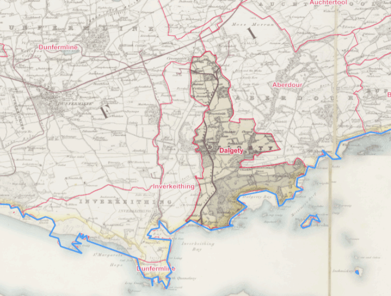 Dalgety Parish outline and how it abuts neighbouring parishes